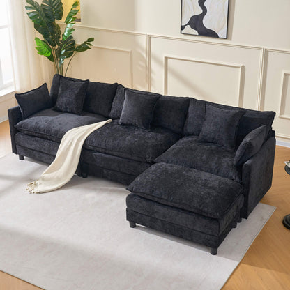 108" 4-Seater L-Shaped Modular Chenille Sofa with Ottoman, Deep Seat Cloud Couch