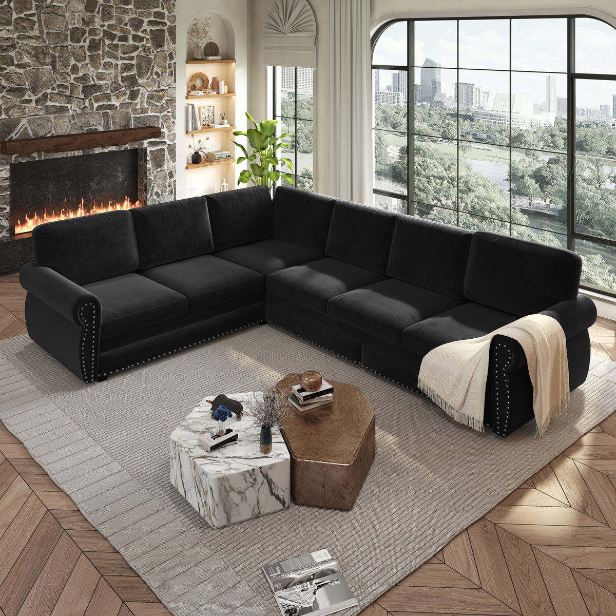 118" Oversized Convertible Sleeper Sofa with Nailhead Trim, L-Shaped Couch