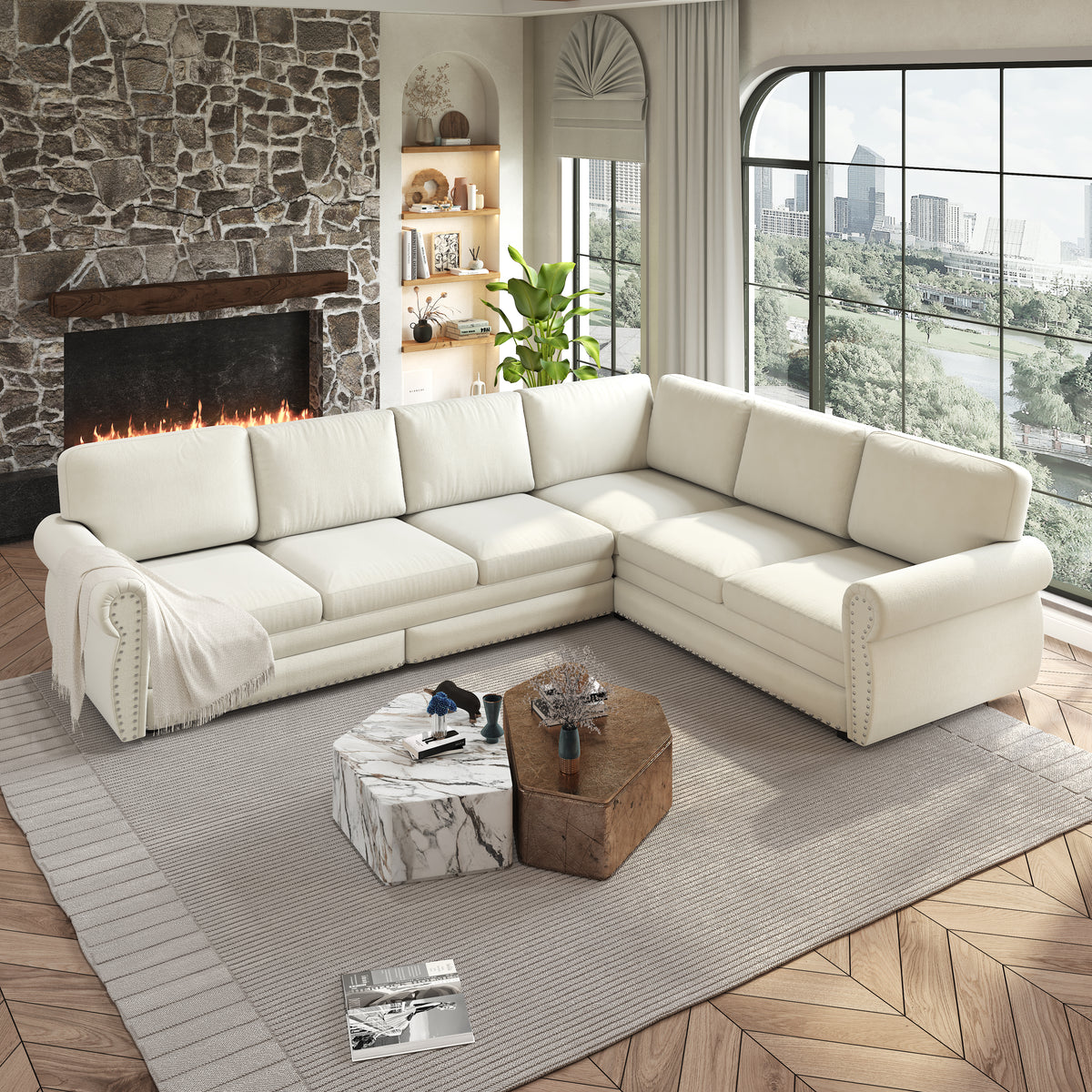 L-Shaped Chenille Sectional Sofa with Pull-Out Bed & Rolled Arm