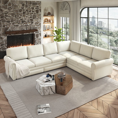 L-Shaped Chenille Sectional Sofa with Pull-Out Bed & Rolled Arm