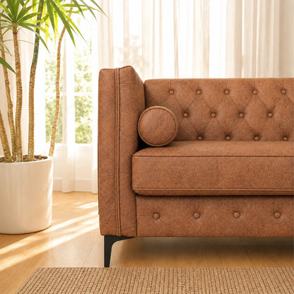 Brown Leather Sofa, Classic 3-Seater Living Room Couch with Button Tufted Design, Pocket Spring Cushion and Sturdy Wood Frame