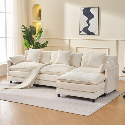 108" 4-Seater L-Shaped Modular Chenille Sofa with Ottoman, Deep Seat Cloud Couch