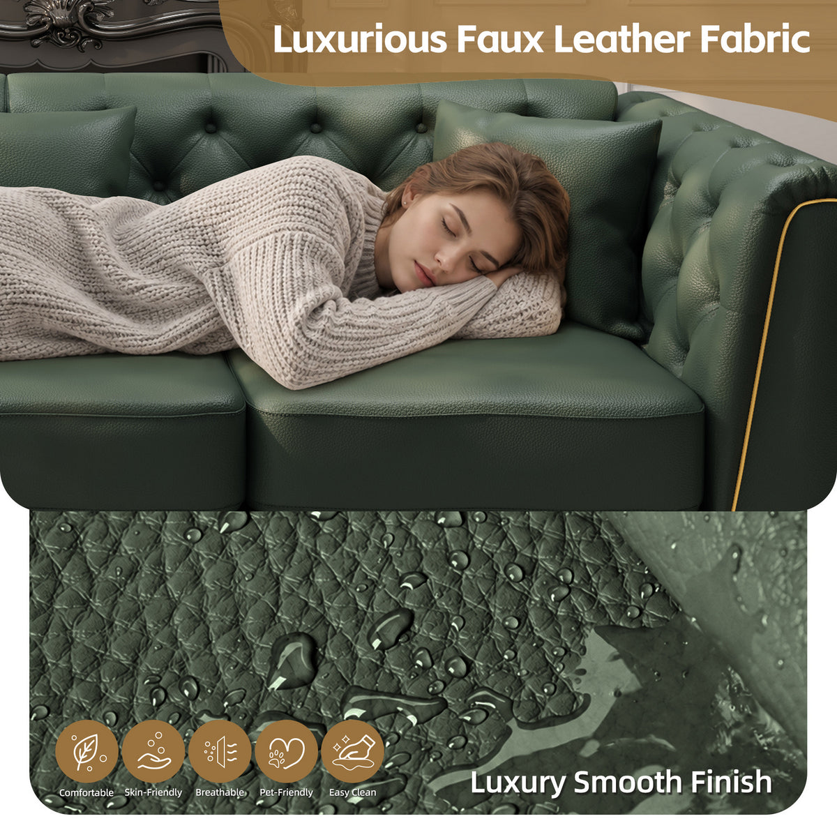6 Pillows Light Luxury Chesterfield Sofa, Faux Leather, Thin Metal Legs, Metal Trim Armrests & Button Tufting