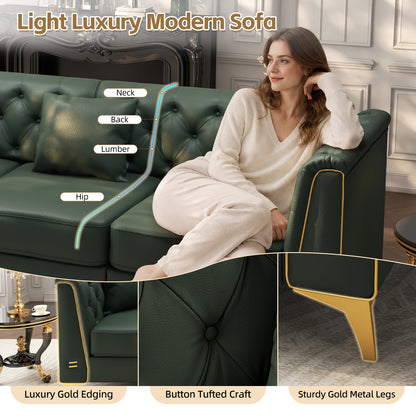 4 Pillows Light Luxury Chesterfield Sofa, Faux Leather, Button Tufting, Metal Trim Armrests & Thin Metal Legs