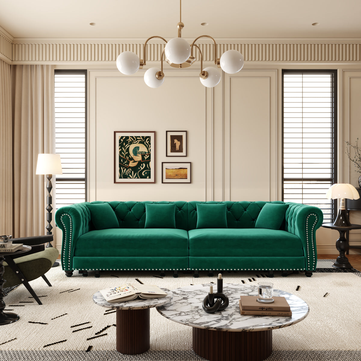 89" 3-Seater Velvet Chesterfield Sofa Bed with Movable Ottoman