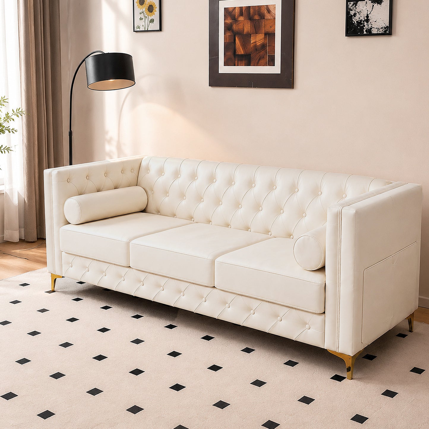 White Faux Leather Couch, Modern Tufted 3-Seat Sofa with Decorative Pillows, Metal Legs and High-Rebound Sponge Comfort for Home