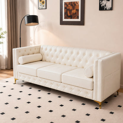 White Faux Leather Couch, Modern Tufted 3-Seat Sofa with Decorative Pillows, Metal Legs and High-Rebound Sponge Comfort for Home