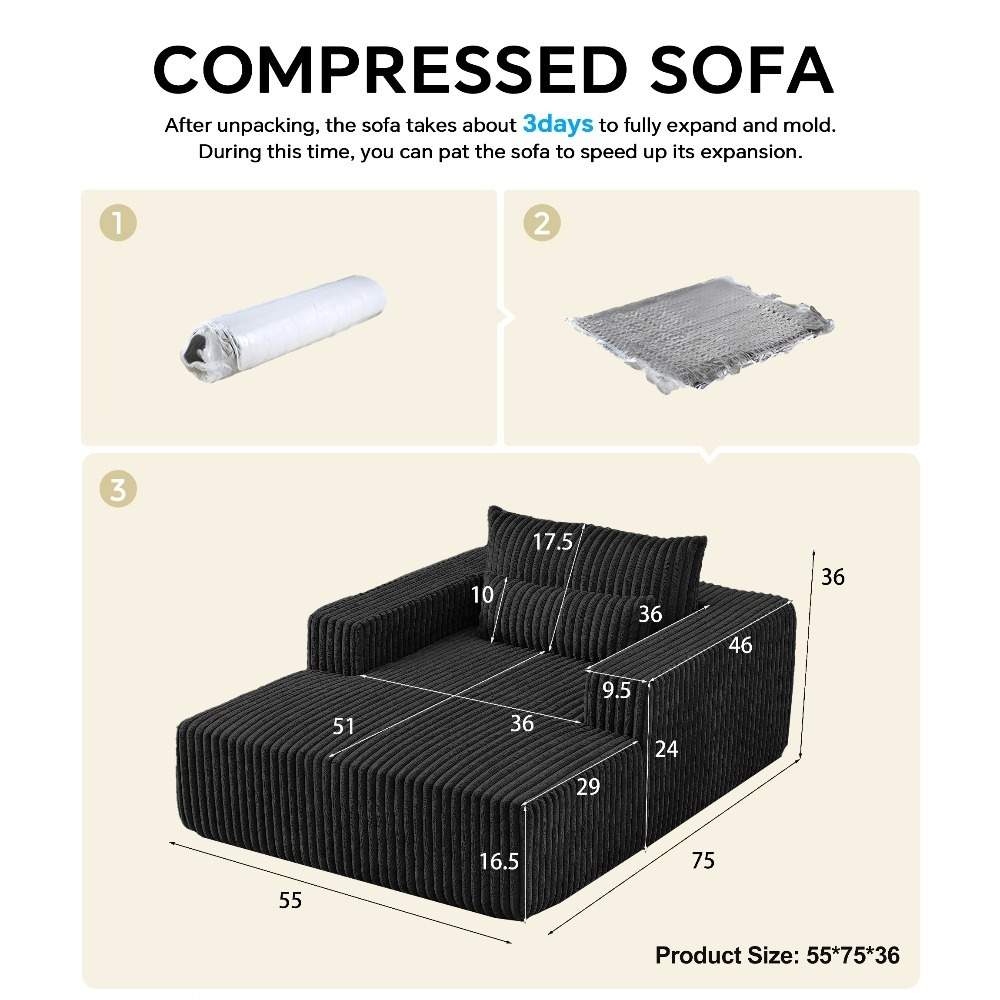Black Corduroy Chaise Lounge Sofa, Oversized Single Leisure Chair with Square Arms, Support Pillows, No Assembly Needed for Living Room