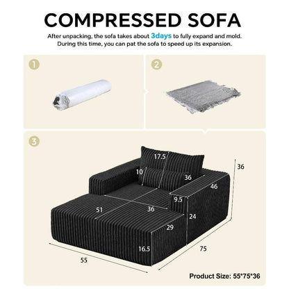 Black Corduroy Chaise Lounge Sofa, Oversized Single Leisure Chair with Square Arms, Support Pillows, No Assembly Needed for Living Room