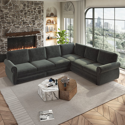 L-Shaped Chenille Sectional Sofa with Pull-Out Bed & Rolled Arm
