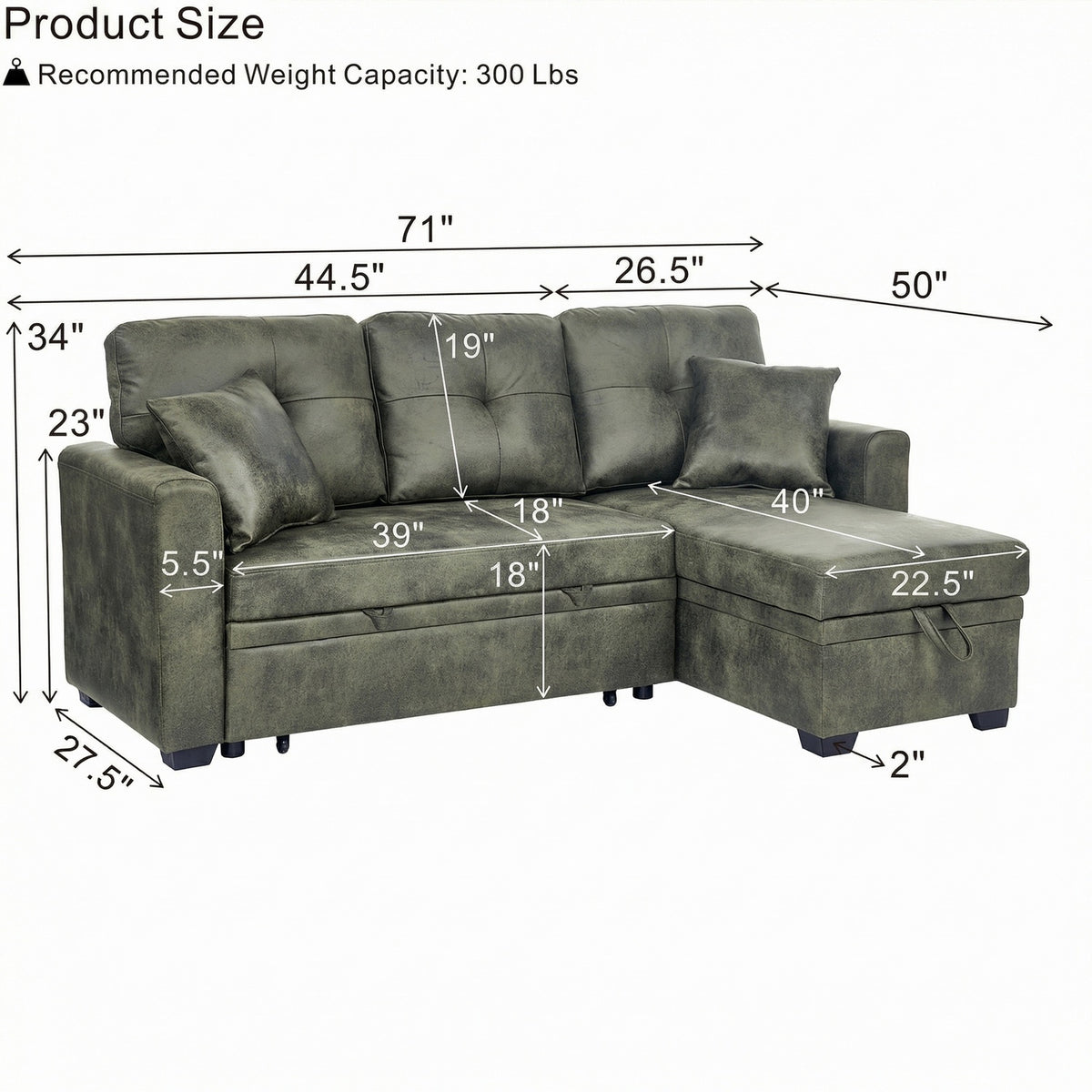 L-Shaped Sectional Sofa with Pull-Out Bed, Reversible Chaise & Storage