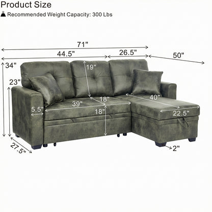 L-Shaped Sectional Sofa with Pull-Out Bed, Reversible Chaise & Storage