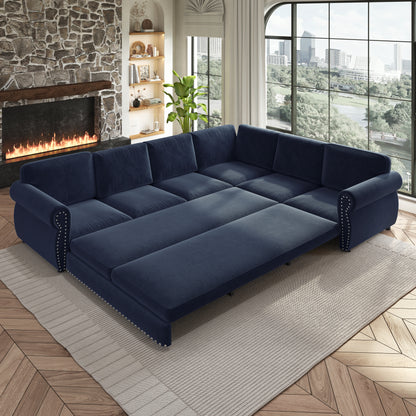 118" Oversized Convertible Sleeper Sofa with Nailhead Trim, L-Shaped Couch
