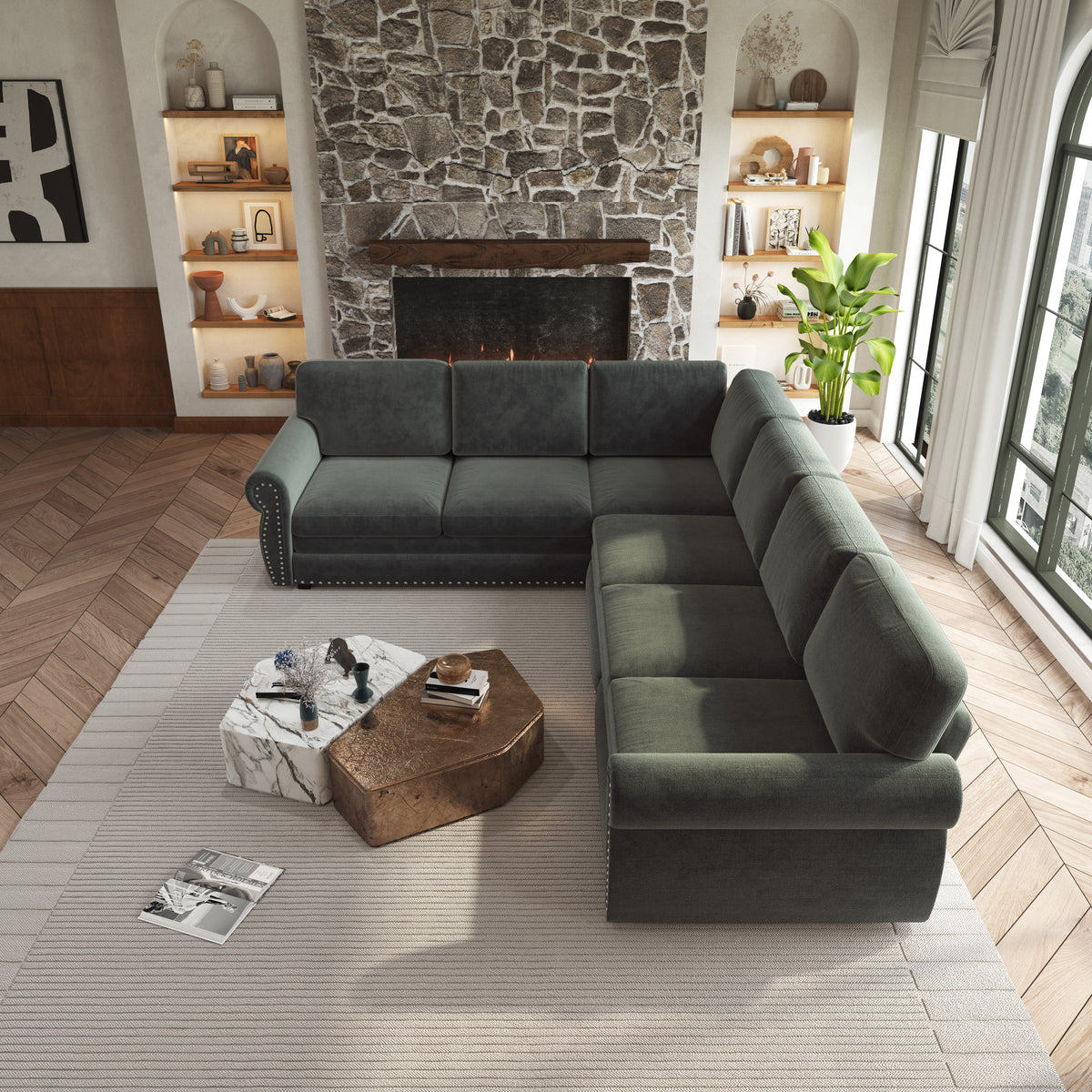 L-Shaped Chenille Sectional Sofa with Pull-Out Bed & Rolled Arm