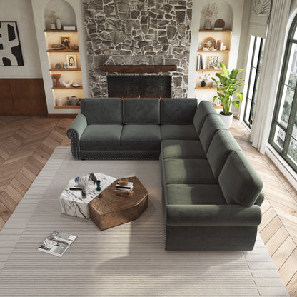 L-Shaped Chenille Sectional Sofa with Pull-Out Bed & Rolled Arm