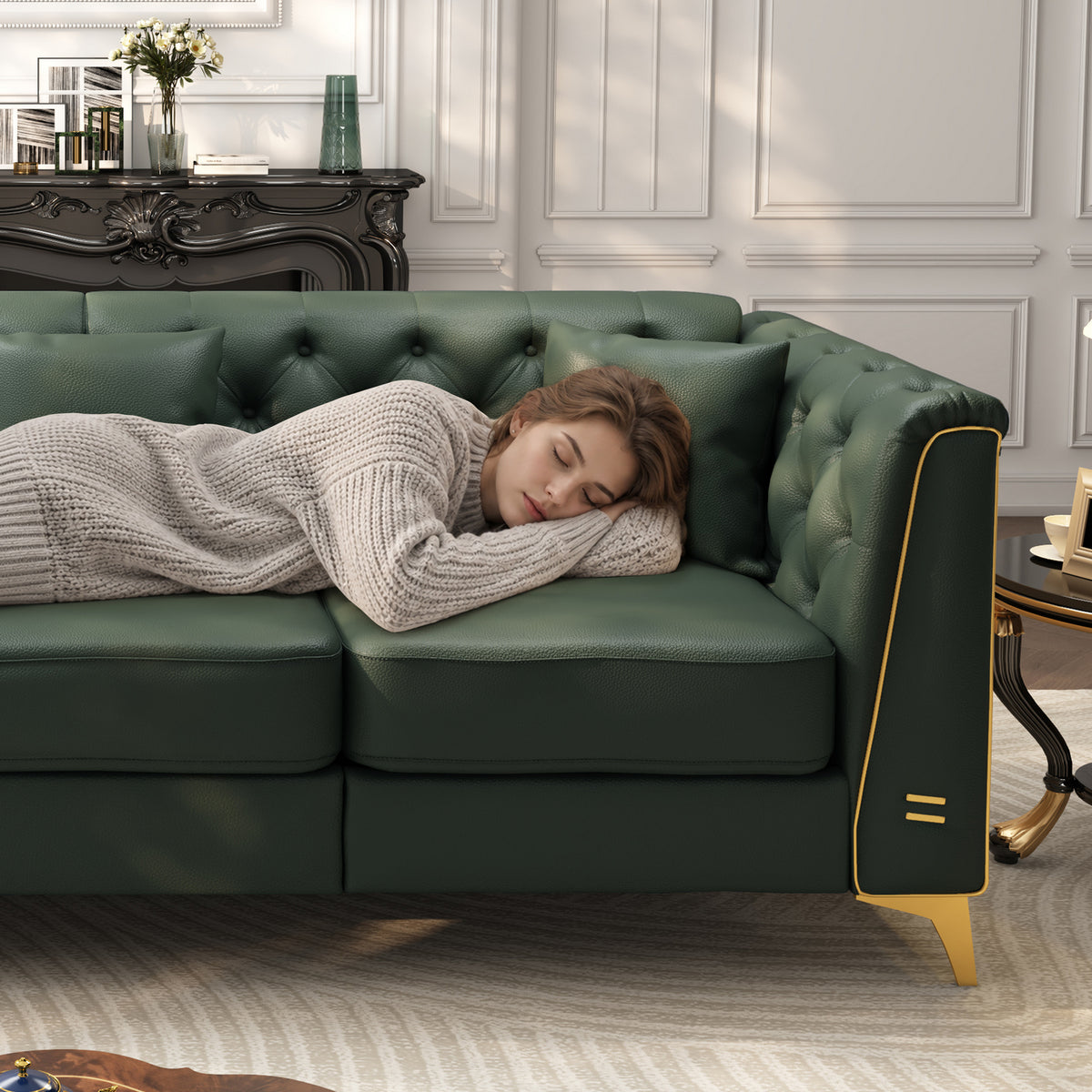 5 Pillows Light Luxury Chesterfield Sofa, Faux Leather, Metal Trim Armrests, Button Tufting & Thin Metal Legs