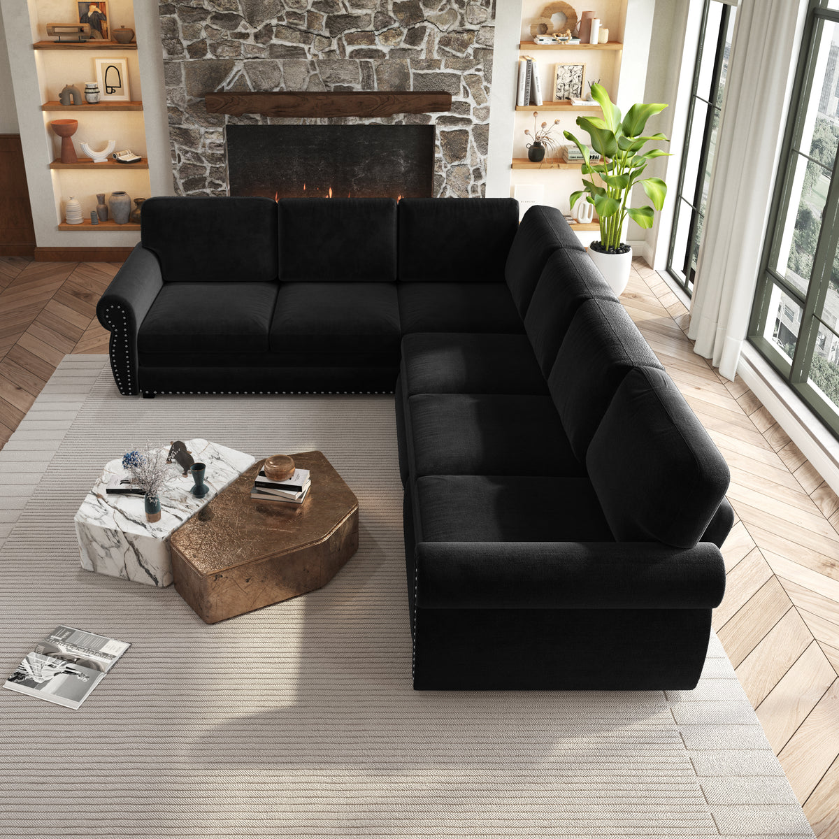 118" Oversized Convertible Sleeper Sofa with Nailhead Trim, L-Shaped Couch