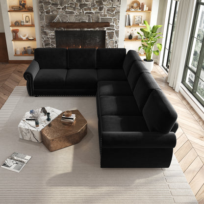 118" Oversized Convertible Sleeper Sofa with Nailhead Trim, L-Shaped Couch
