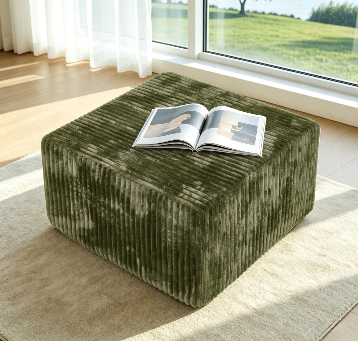 Square Striped Corduroy Modular Ottoman Cube, Upholstered Footstool