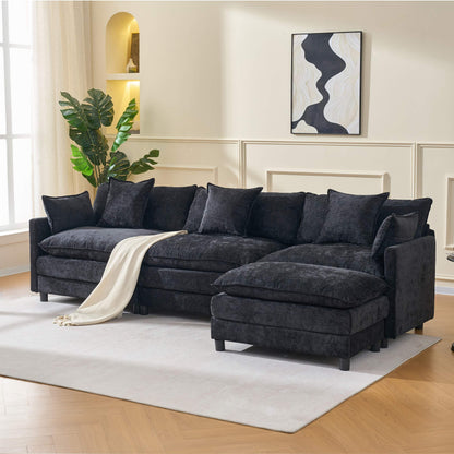 108" 4-Seater L-Shaped Modular Chenille Sofa with Ottoman, Deep Seat Cloud Couch