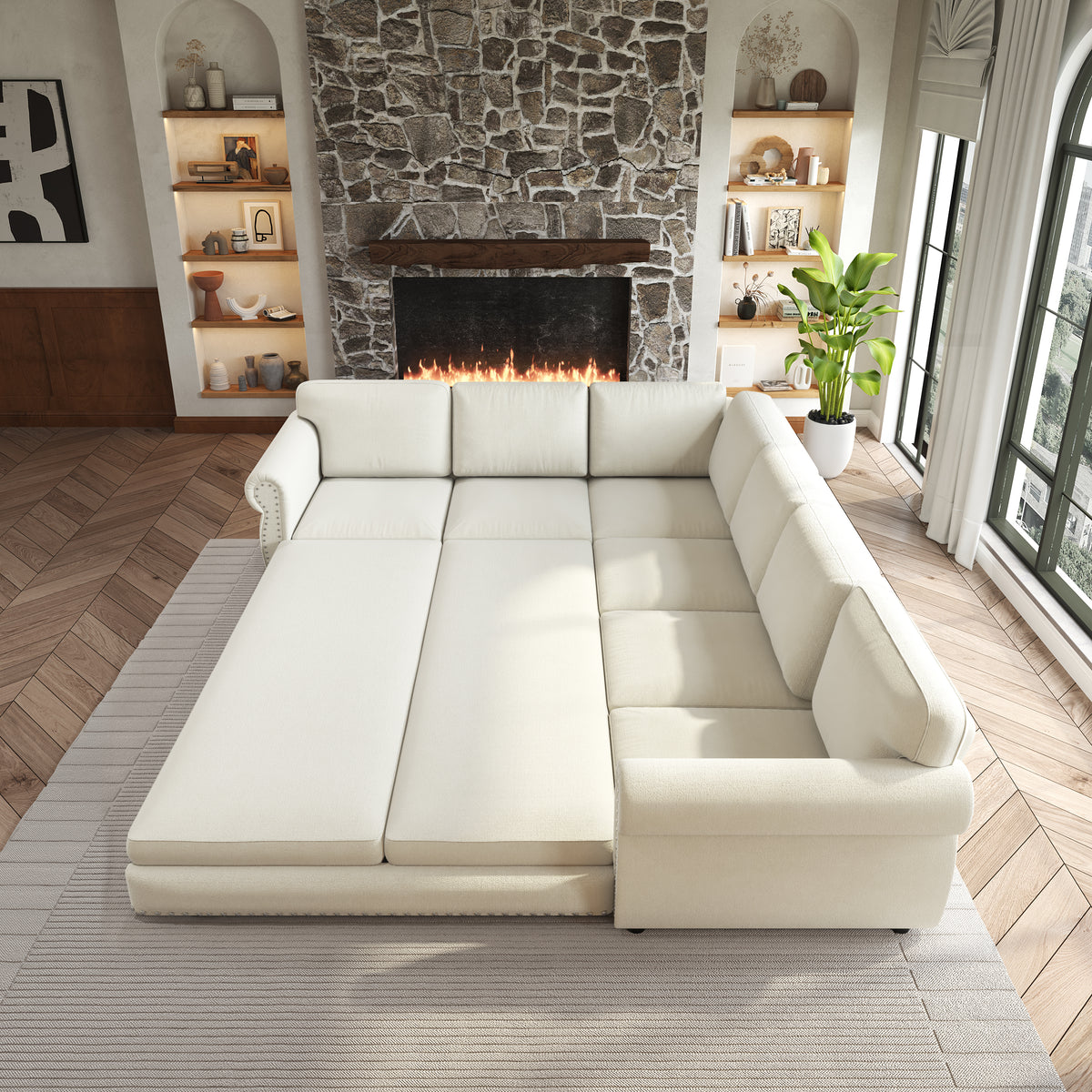 L-Shaped Chenille Sectional Sofa with Pull-Out Bed & Rolled Arm