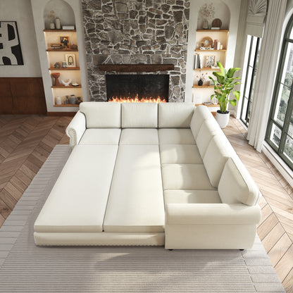 L-Shaped Chenille Sectional Sofa with Pull-Out Bed & Rolled Arm
