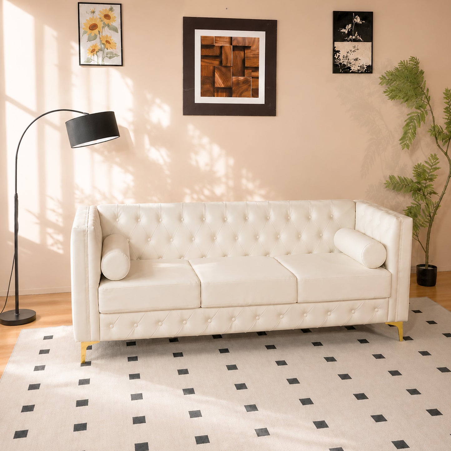 White Faux Leather Couch, Modern Tufted 3-Seat Sofa with Decorative Pillows, Metal Legs and High-Rebound Sponge Comfort for Home