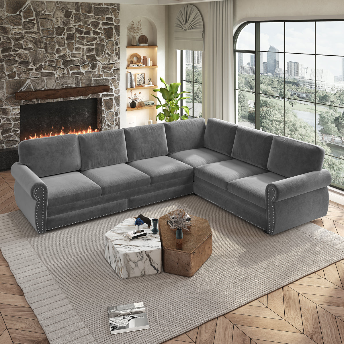 L-Shaped Chenille Sectional Sofa with Pull-Out Bed & Rolled Arm