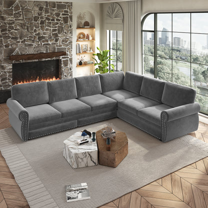 L-Shaped Chenille Sectional Sofa with Pull-Out Bed & Rolled Arm