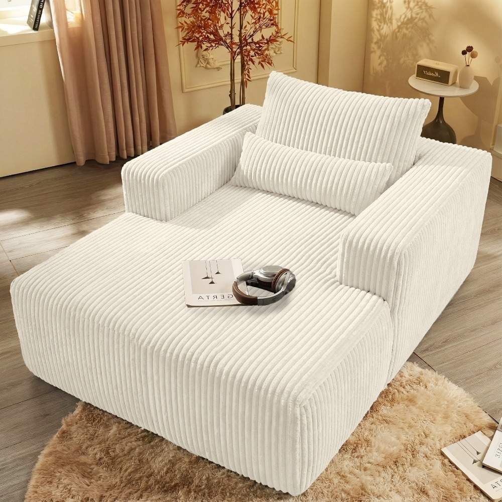 White Corduroy Accent Sofa Chair, Comfy Single Chaise with Square Armrests and Cushions, No-Assembly Leisure Seating for Bedroom or Living Room