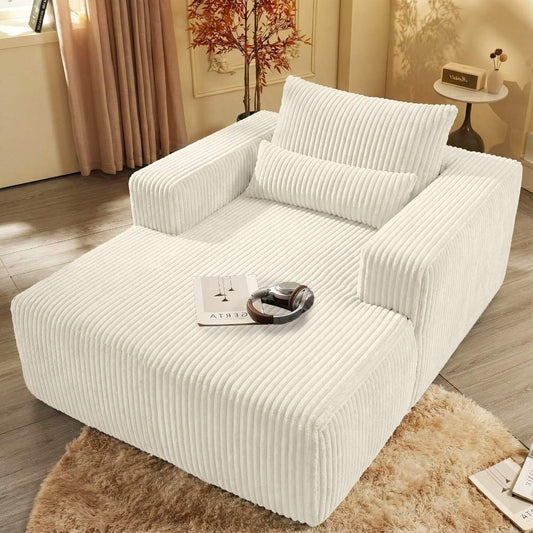 White Corduroy Accent Sofa Chair, Comfy Single Chaise with Square Armrests and Cushions, No-Assembly Leisure Seating for Bedroom or Living Room