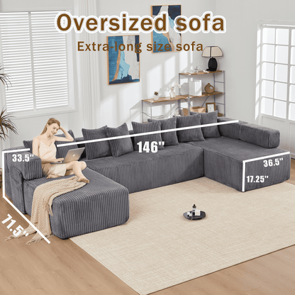 Dark Gray Oversized Modular Sectional Sofa – 6-Seat Convertible L-Shaped Corduroy Couch with Free Combination Design