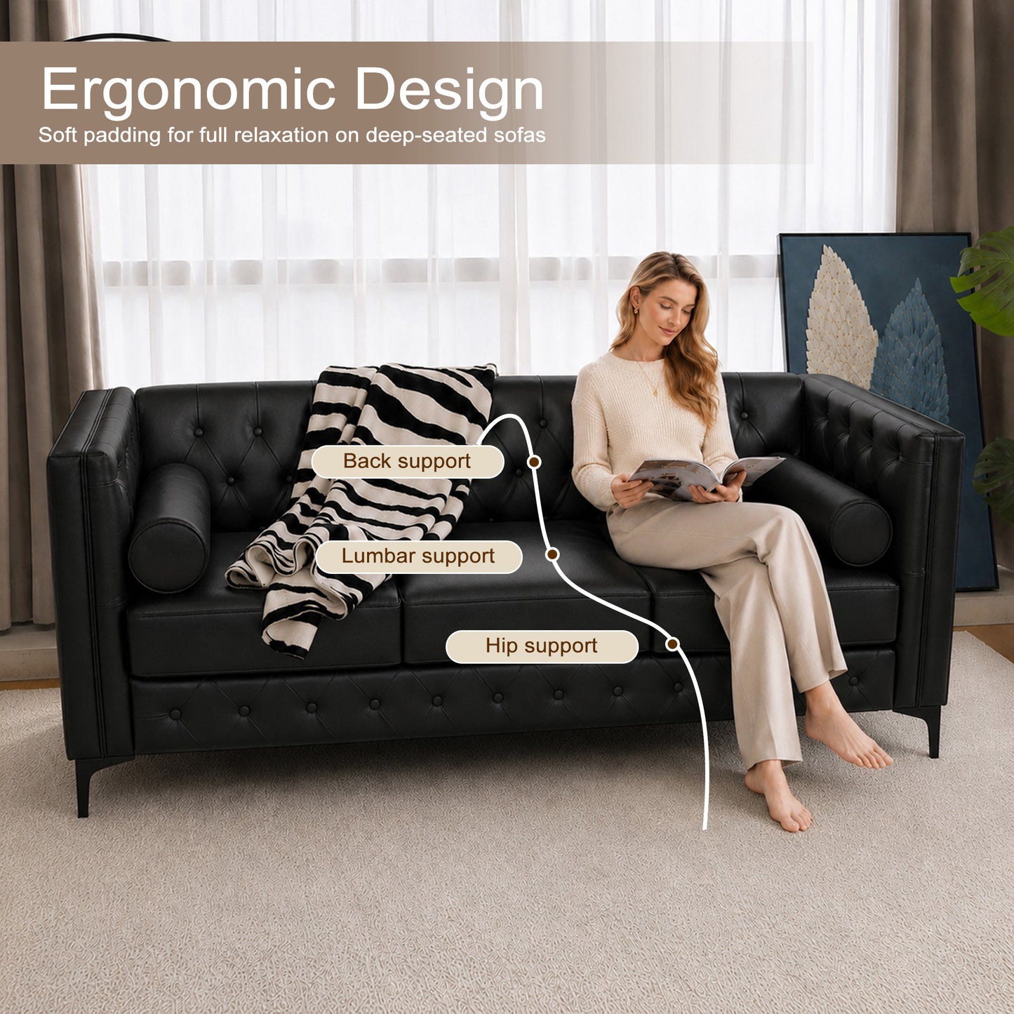 Black Faux Leather Sofa, Elegant 3-Seater Tufted Couch with Gold Metal Legs, Bolster Pillows and Pocket Spring Support for Living Room