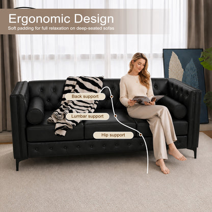 Black Faux Leather Sofa, Elegant 3-Seater Tufted Couch with Gold Metal Legs, Bolster Pillows and Pocket Spring Support for Living Room