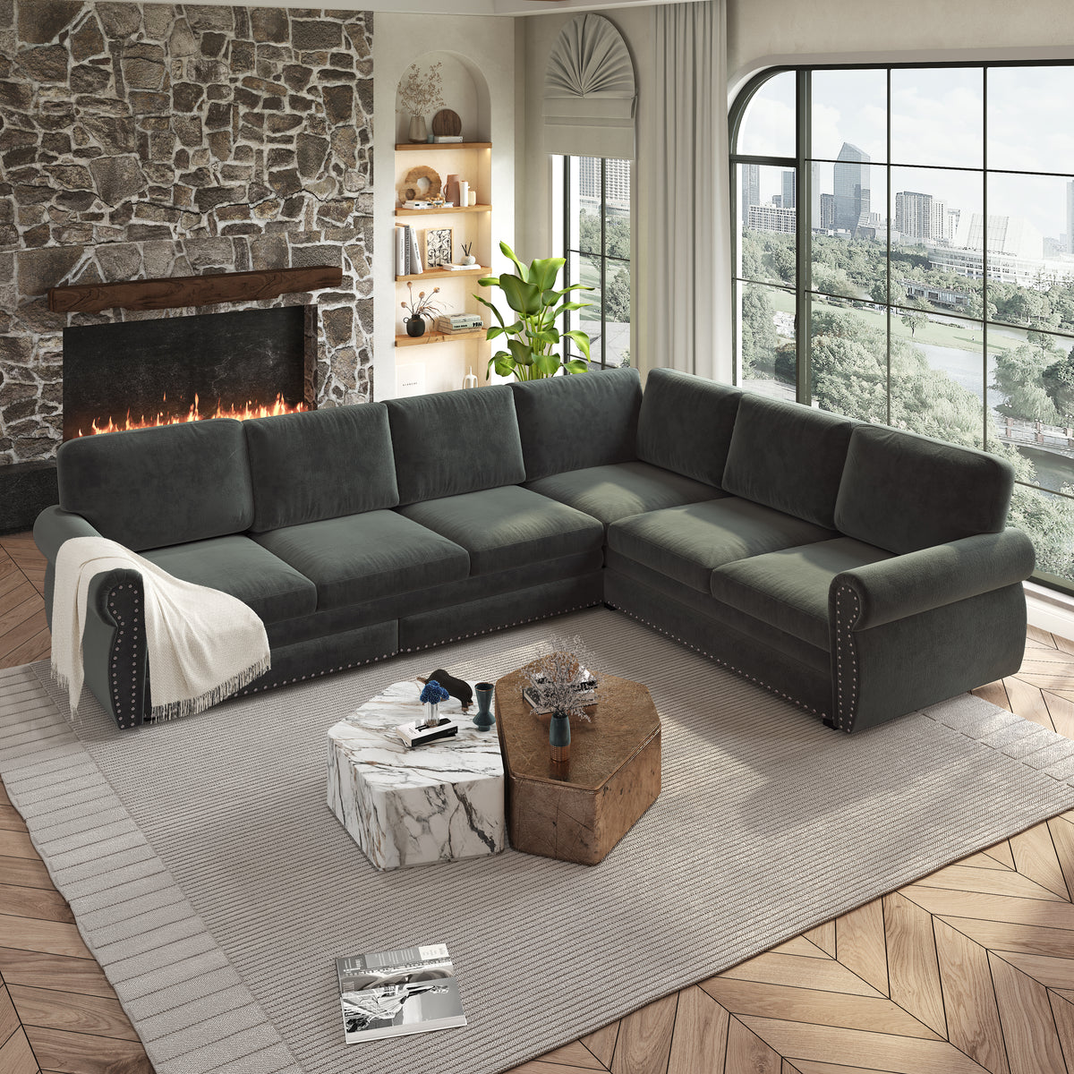 L-Shaped Chenille Sectional Sofa with Pull-Out Bed & Rolled Arm
