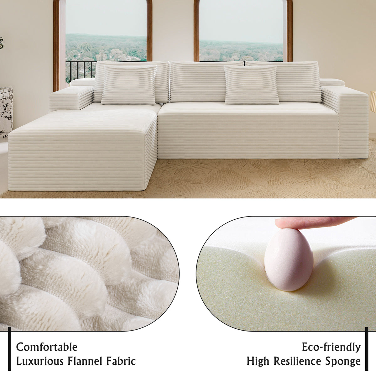 2PC Modular Sectional Sofa, Plush Corduroy Upholstered Couch, No Assembly