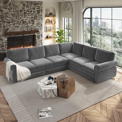 L-Shaped Chenille Sectional Sofa with Pull-Out Bed & Rolled Arm