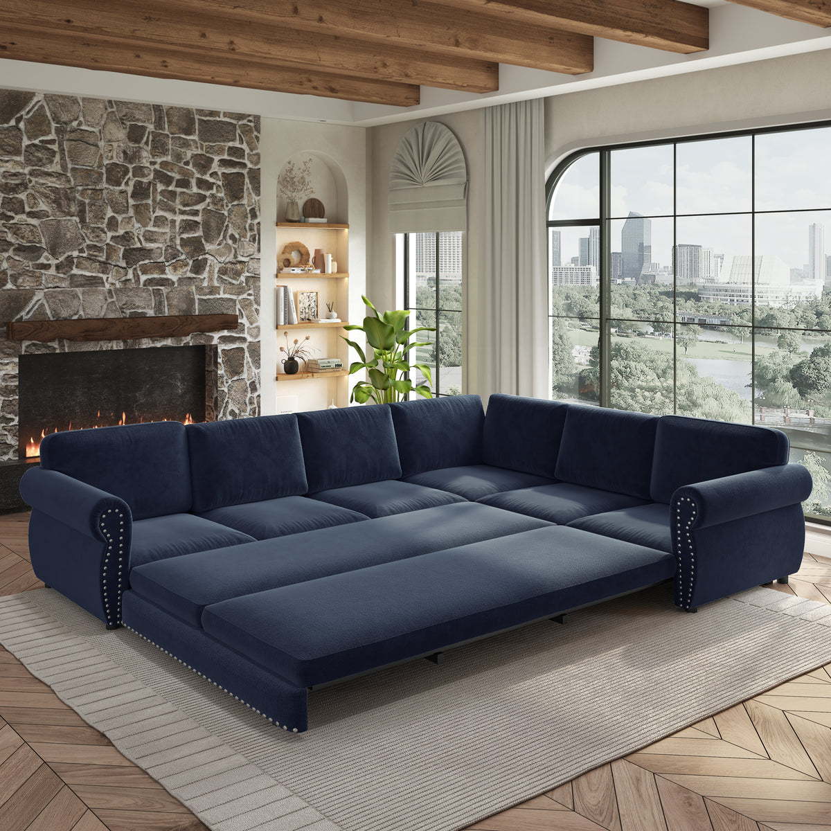 118" Oversized Convertible Sleeper Sofa with Nailhead Trim, L-Shaped Couch