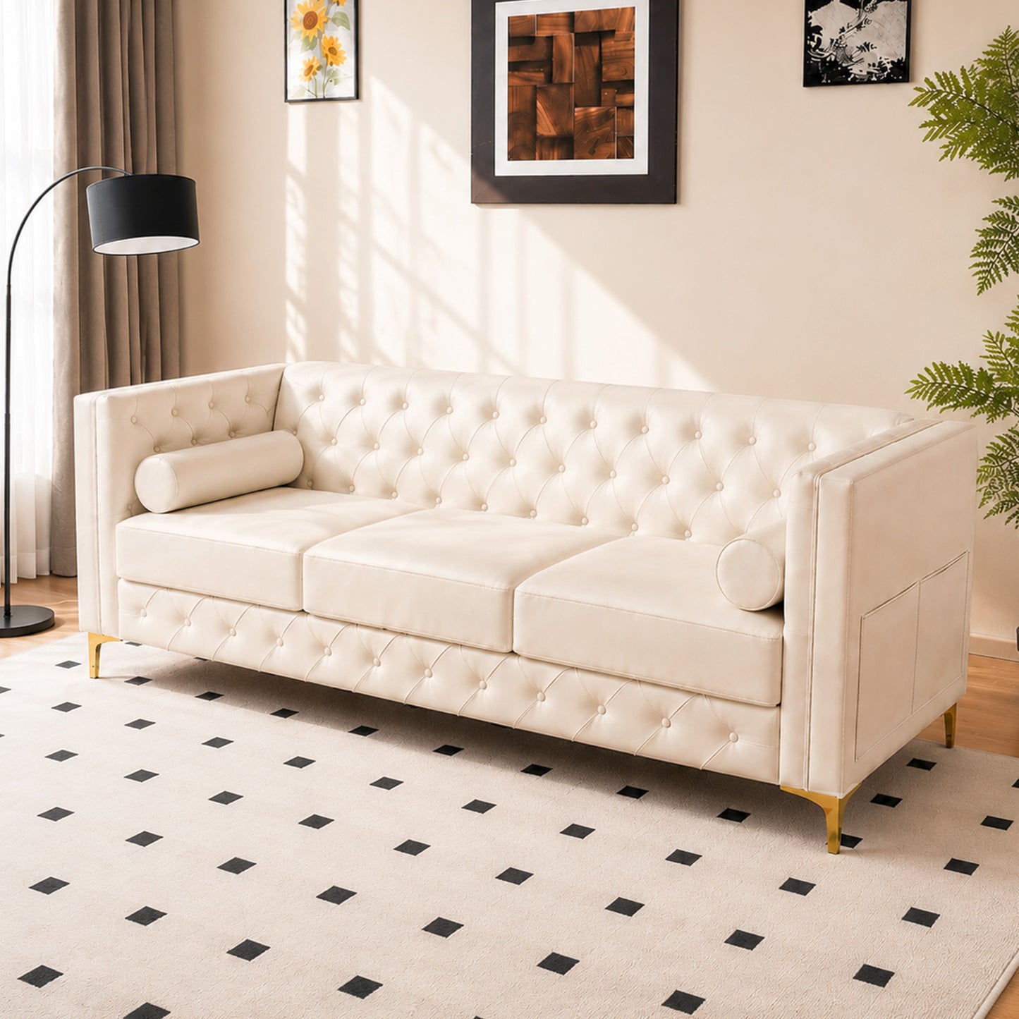 White Faux Leather Couch, Modern Tufted 3-Seat Sofa with Decorative Pillows, Metal Legs and High-Rebound Sponge Comfort for Home