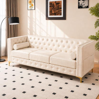 White Faux Leather Couch, Modern Tufted 3-Seat Sofa with Decorative Pillows, Metal Legs and High-Rebound Sponge Comfort for Home