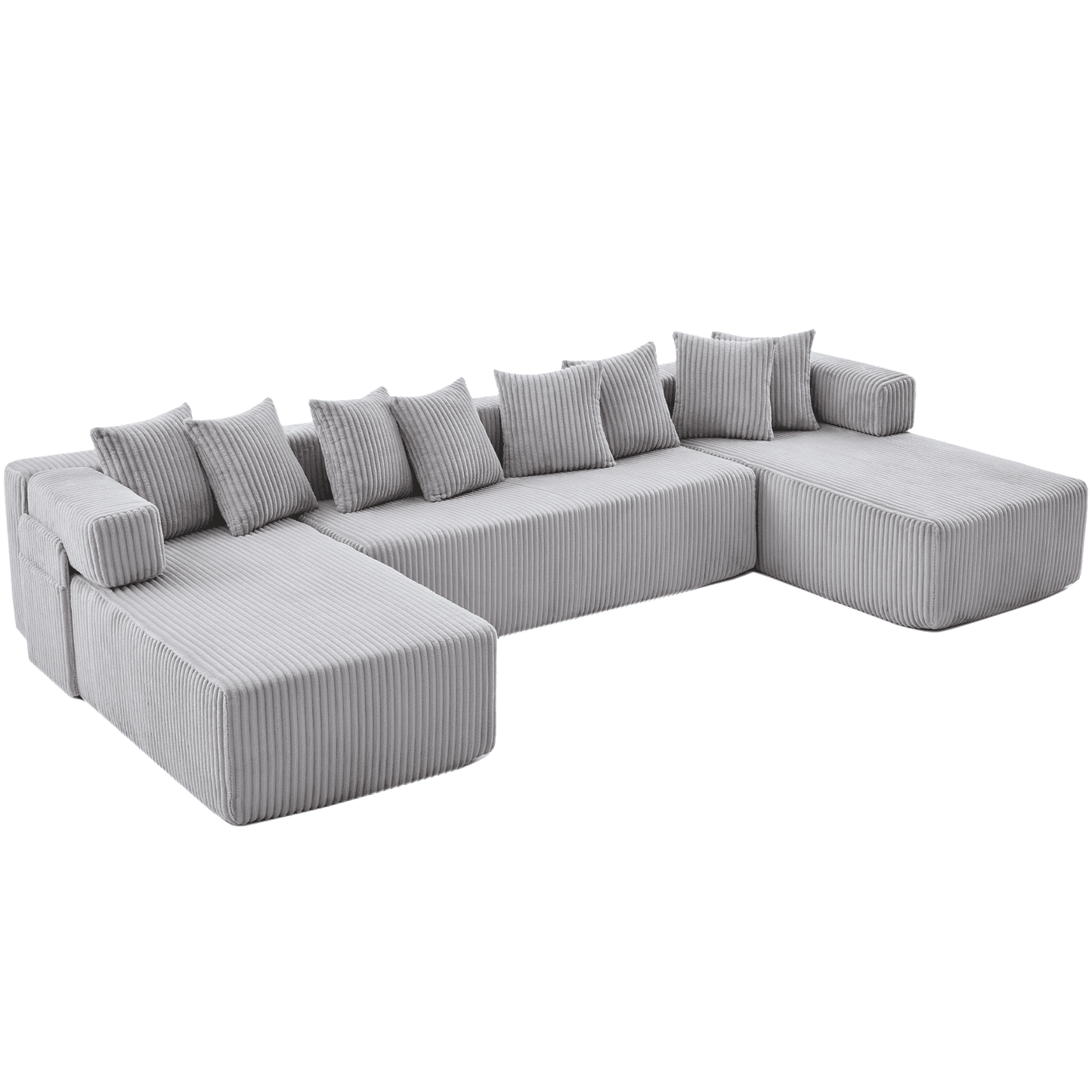 Light Gray 6-Seat U-Shaped Modular Sectional Sofa – Plush Corduroy Sleeper Couch with 8 Pillows & Flexible Configuration