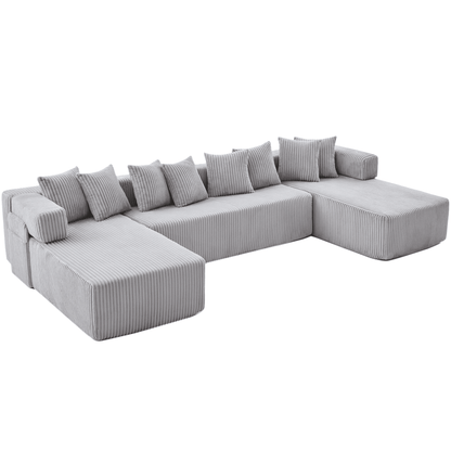 Light Gray 6-Seat U-Shaped Modular Sectional Sofa – Plush Corduroy Sleeper Couch with 8 Pillows & Flexible Configuration