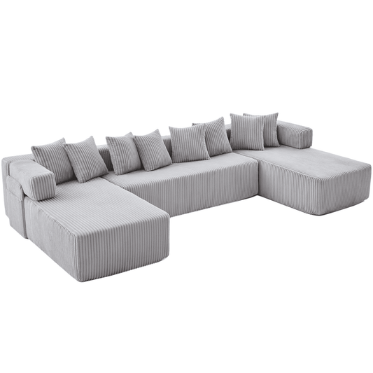Light Gray 6-Seat U-Shaped Modular Sectional Sofa – Plush Corduroy Sleeper Couch with 8 Pillows & Flexible Configuration