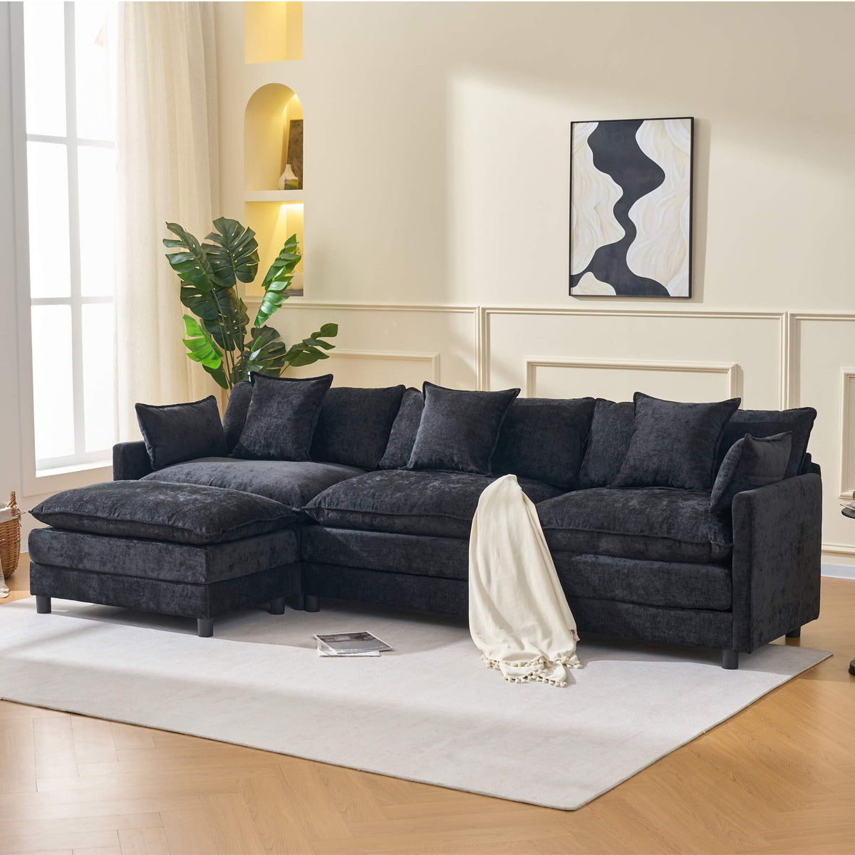 108" 4-Seater L-Shaped Modular Chenille Sofa with Ottoman, Deep Seat Cloud Couch
