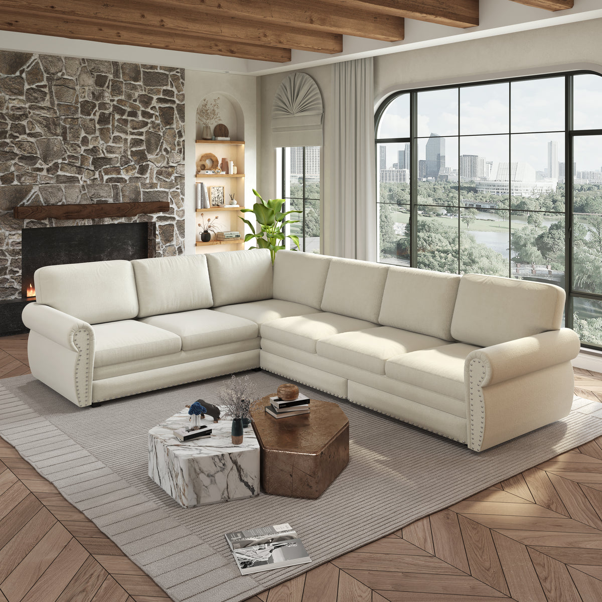L-Shaped Chenille Sectional Sofa with Pull-Out Bed & Rolled Arm
