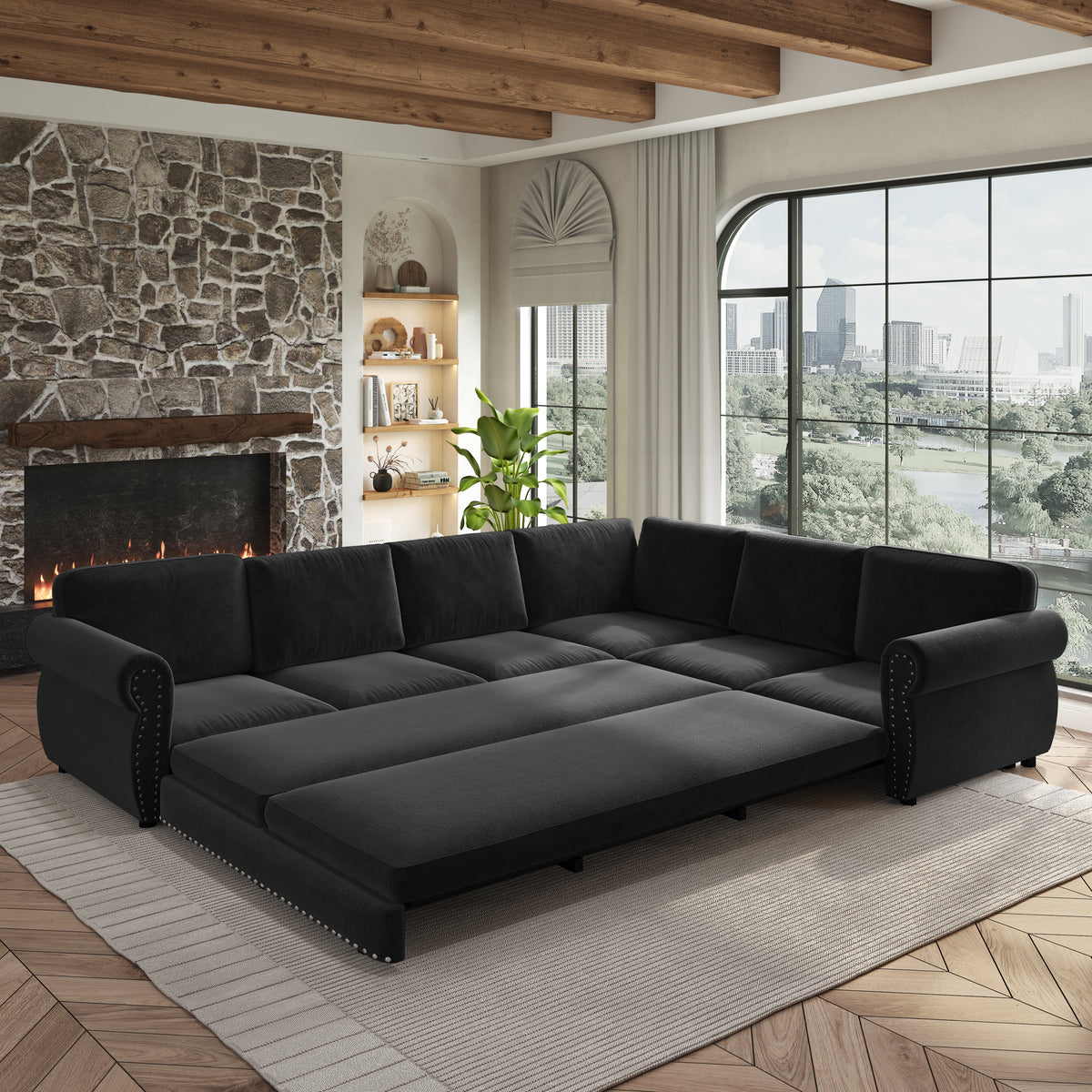 118" Oversized Convertible Sleeper Sofa with Nailhead Trim, L-Shaped Couch