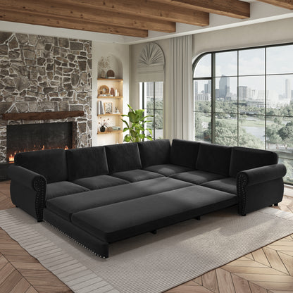 118" Oversized Convertible Sleeper Sofa with Nailhead Trim, L-Shaped Couch
