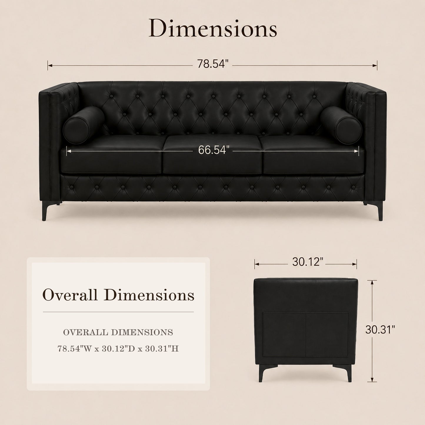 Black Faux Leather Sofa, Elegant 3-Seater Tufted Couch with Gold Metal Legs, Bolster Pillows and Pocket Spring Support for Living Room