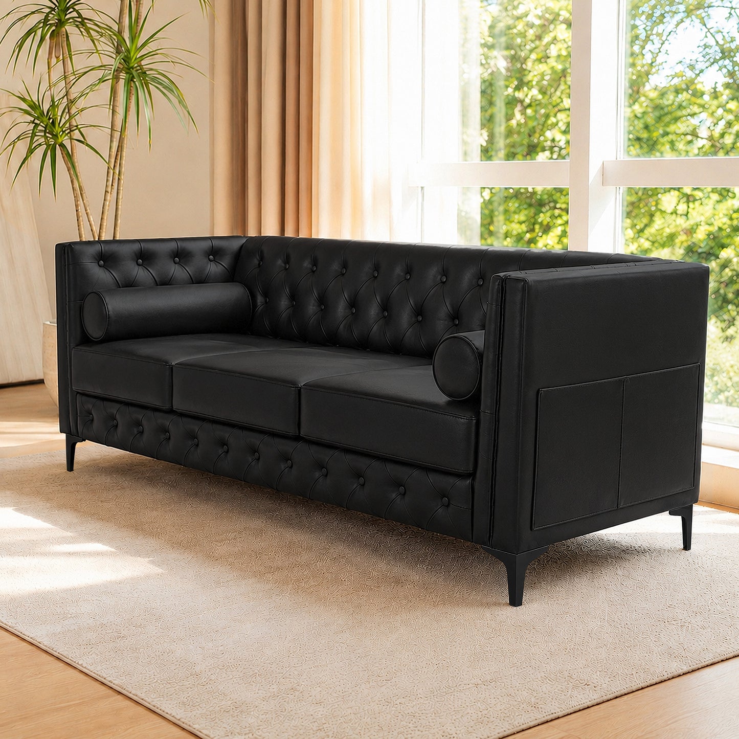 Black Faux Leather Sofa, Elegant 3-Seater Tufted Couch with Gold Metal Legs, Bolster Pillows and Pocket Spring Support for Living Room