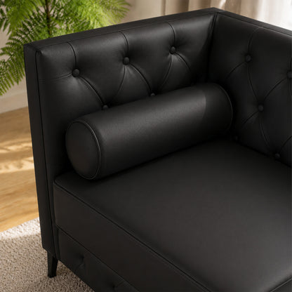 Black Faux Leather Sofa, Elegant 3-Seater Tufted Couch with Gold Metal Legs, Bolster Pillows and Pocket Spring Support for Living Room